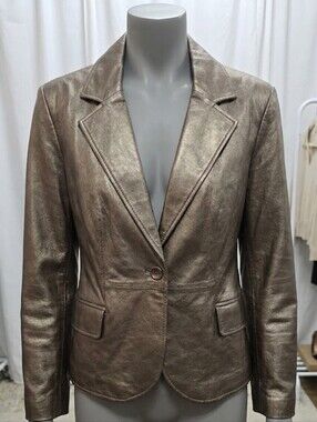 Metallic Pewter Brown Leather Blazer Jacket - Women's Vintage Worthington